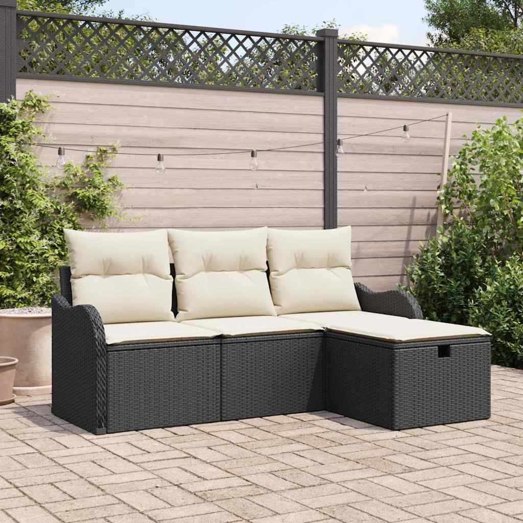 Garten-Sofa-Set mit Kissen 4 pcs Schwarz Poly Rattan
